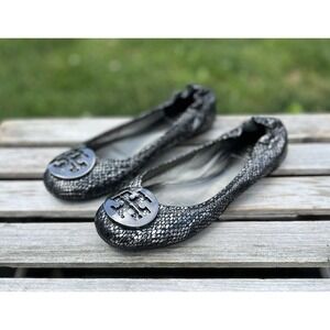 Tory Burch Reva‎ Women's Size 6 M Leather Snakeskin Print Round Toe Flats Gray